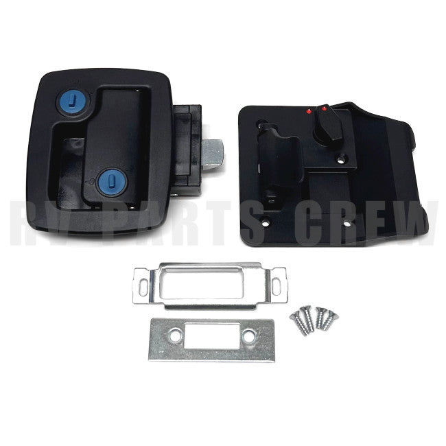 Jayco RV Entry Door Handle Lock Kit  4.5" x 3.5", No Cylinders, Black 0284016 | RV Parts Crew, OEM Replacement RV & Trailer Parts