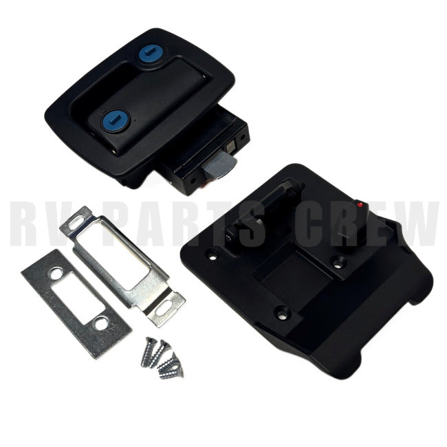 Jayco RV Entry Door Handle Lock Kit  4.5" x 3.5", No Cylinders, Black 0284016 | RV Parts Crew, OEM Replacement RV & Trailer Parts