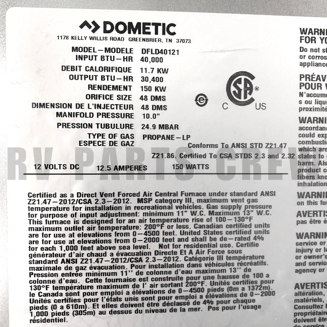 RT-9983669826ページ Jayco RV Dometic DFLD40121 LP Gas Furnace Large 0313736